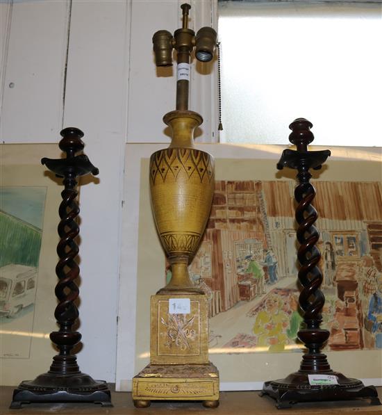 Pair of turned mahogany lamp bases and an Empire style lamp base